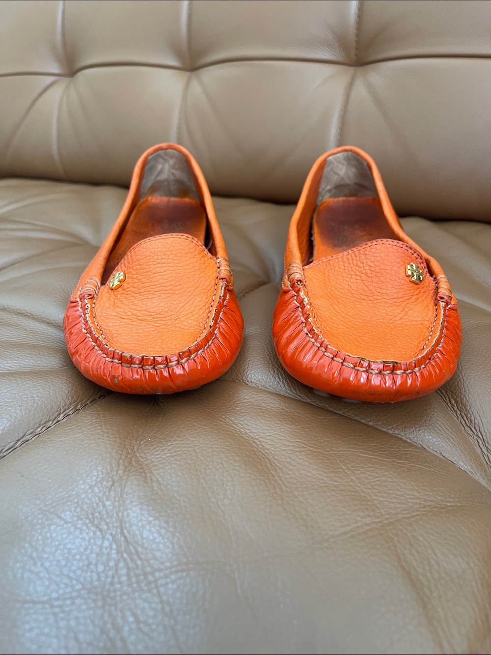 Tory Burch Orange Patent Leather Driving Loafers with Rubber Pebble Soles - Picture 8 of 10